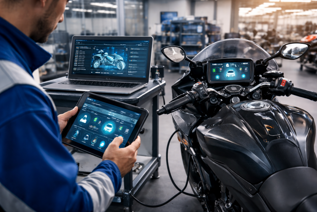 Motorcycle technician diagnosing advanced electronics
