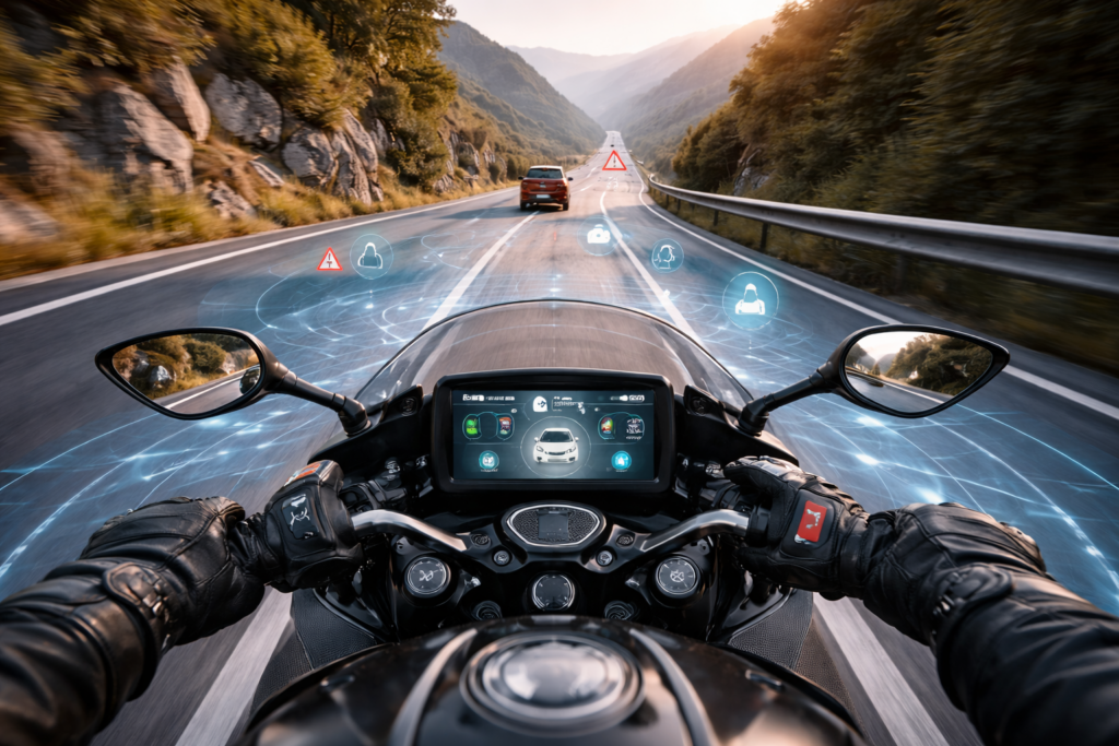 Rider with augmented reality features ahead