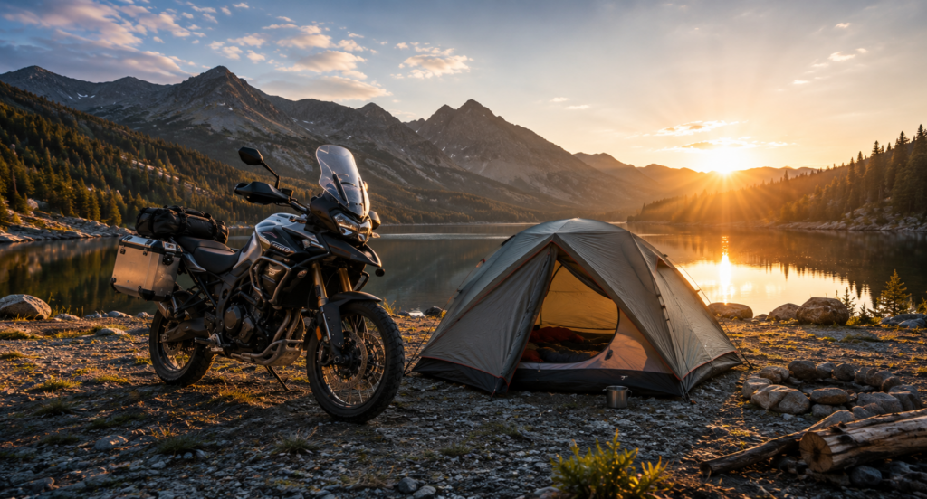 Adventure motorcycle parked beside a camping tent near a mountain lake