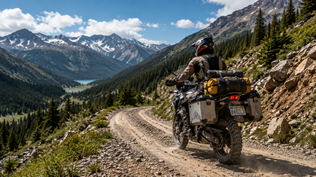 Adventure motorcycle rider traveling on a scenic mountain trail