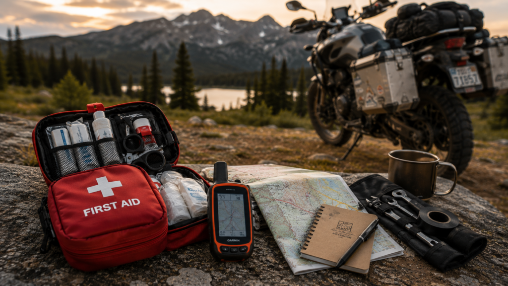 First aid kit, GPS device, and map prepared for a remote motorcycle camping trip