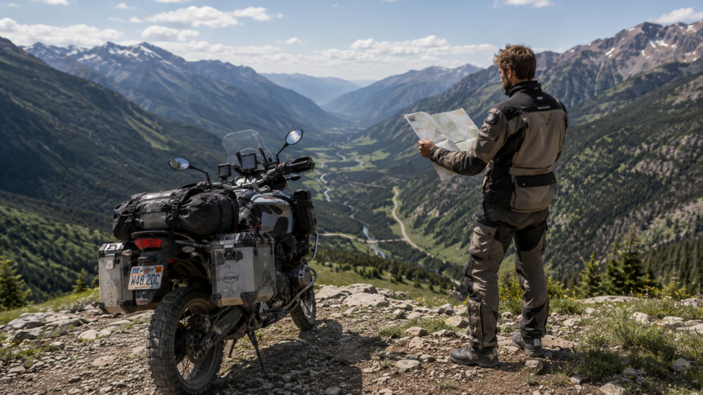 Motorcycle rider reviewing a paper map beside an adventure bike