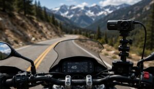 Motorcycle dash cam mounted on handlebars recording a scenic mountain road