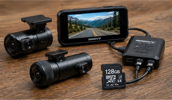 Motorcycle dash cam system with front and rear cameras, display, and SD card