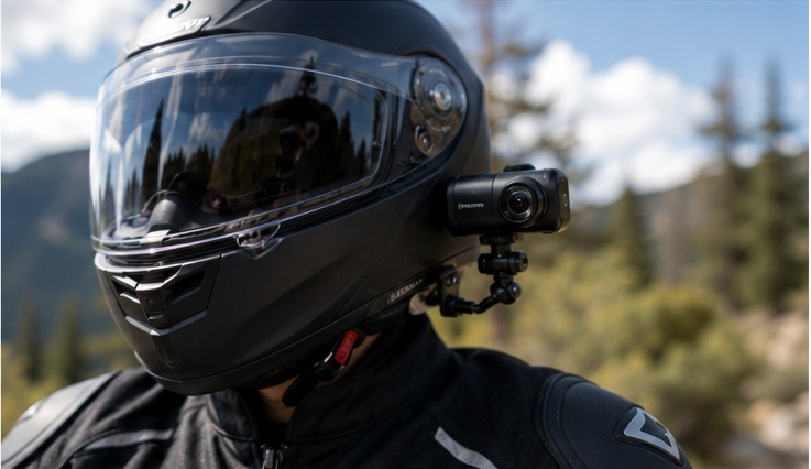 Motorcycle helmet with side-mounted dash cam for front road recording