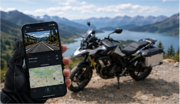 Rider using smartphone app to connect to motorcycle dash cam and view footage