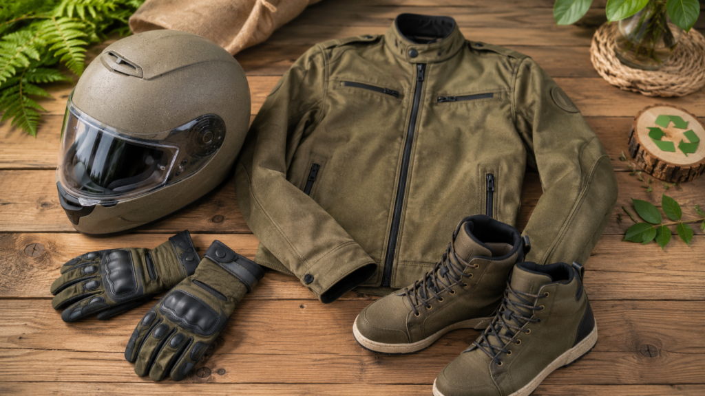 Eco-friendly motorcycle helmet, jacket, gloves, and boots arranged for sustainable riding