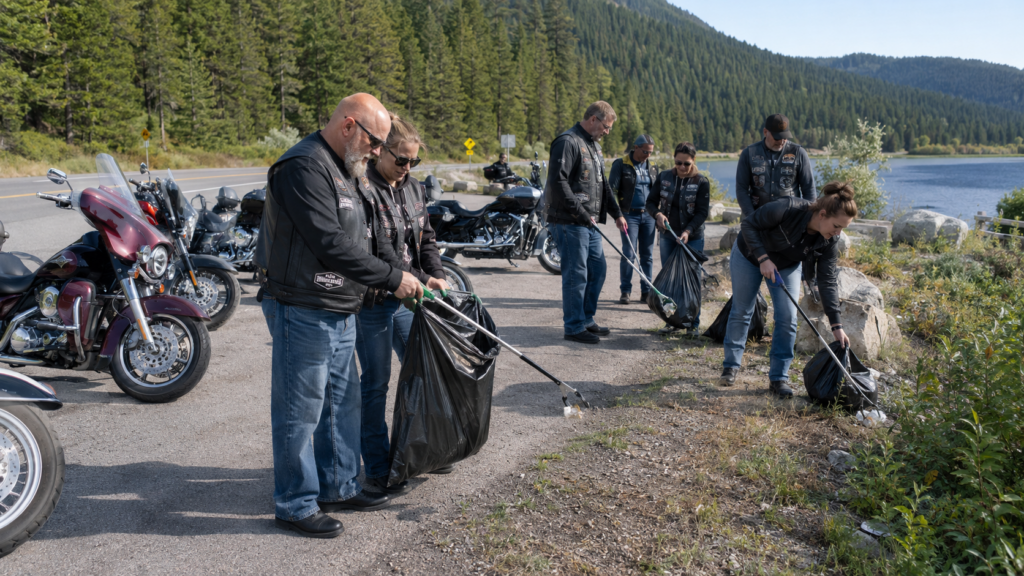 Group of motorcycle riders collecting trash during a clean road community event