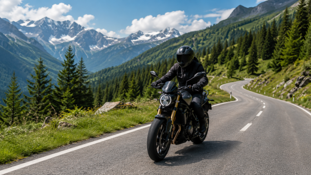 Motorcycle rider traveling on a scenic green mountain road during an eco-friendly ride