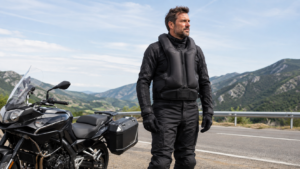 Motorcycle rider wearing a modern airbag vest beside a touring bike