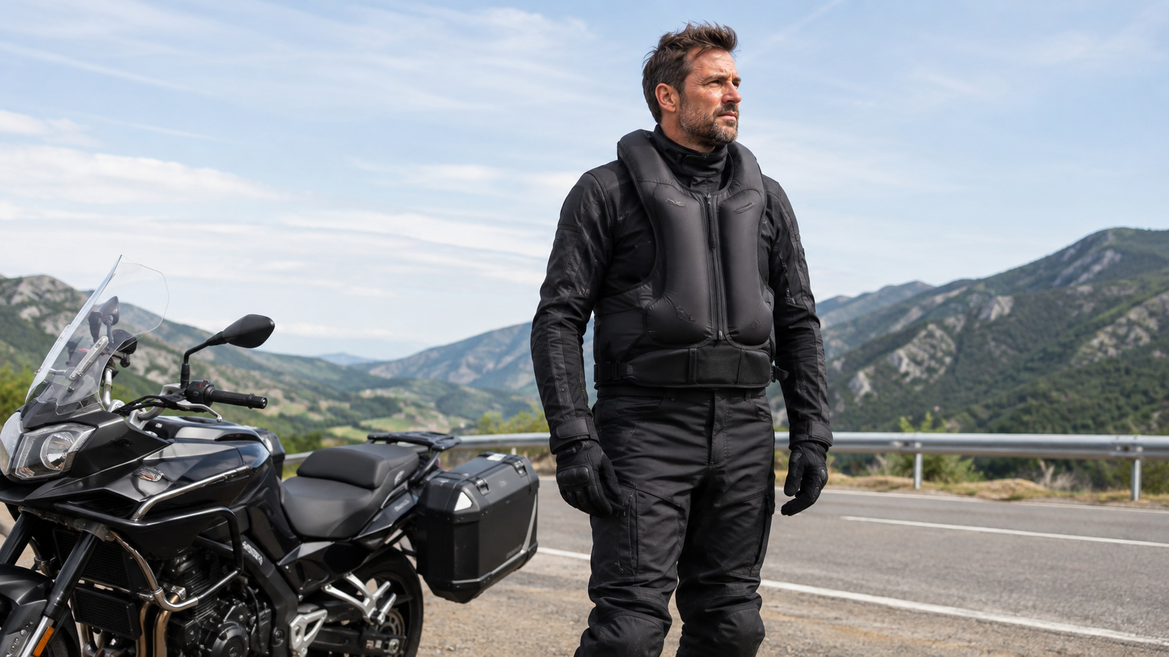 Motorcycle rider wearing a modern airbag vest beside a touring bike