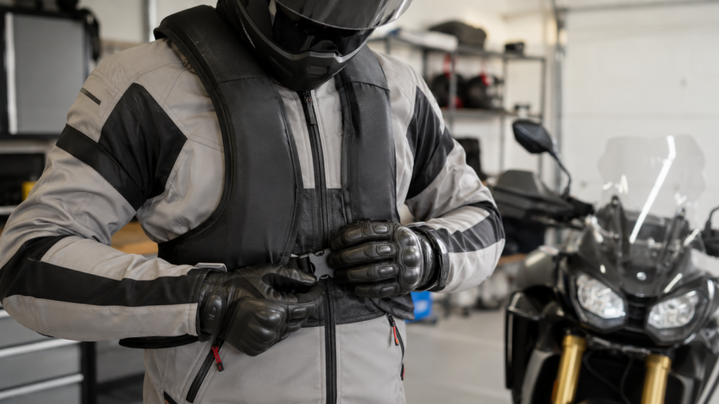 Rider fastening a motorcycle airbag vest over an armored jacket before a ride