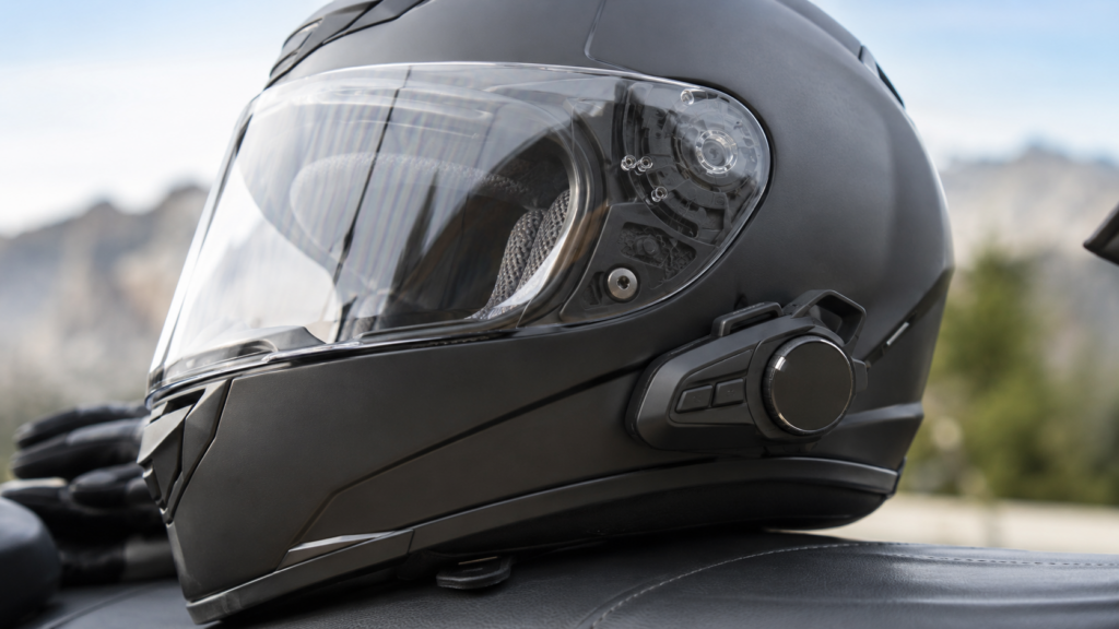 Close-up of a smart motorcycle helmet with a Bluetooth communication module installed