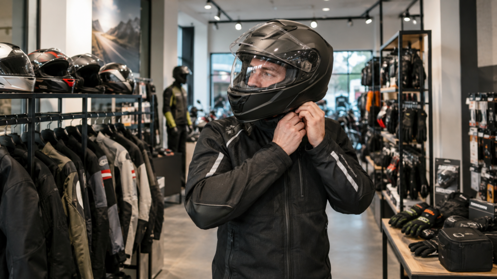 Motorcycle rider trying on a smart helmet inside a modern gear shop