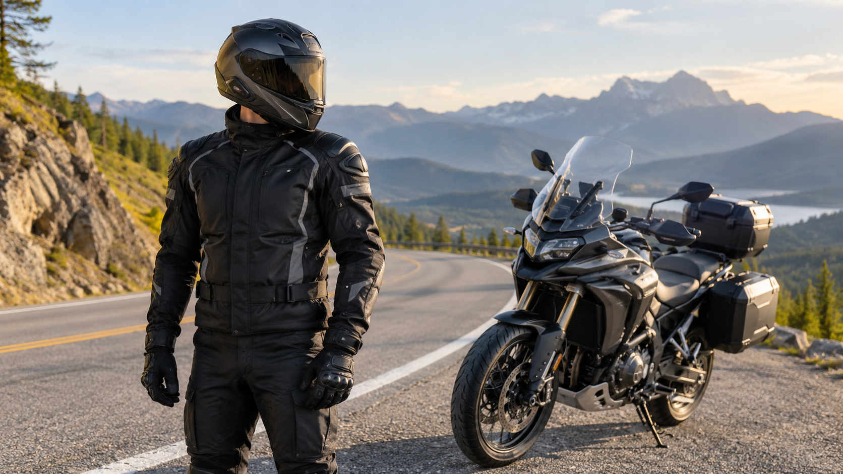 Motorcycle rider wearing a smart full-face helmet on a scenic road with a touring bike nearby